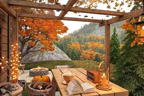 Autumn Cozy Ambience on Terrace with Campfire, Falling Leaves and Relaxing Birdsong in Fall Forest