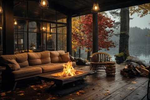 Autumn Cozy Lake House Porch in Rainy Morning with Bonfire and Fall Ambience For Sleep