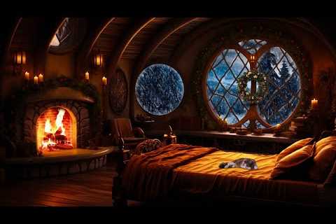Cozy Hobbit Bedroom | Deep Sleep with Blizzard & Fireplace Sounds | Winter wonderland ASMR