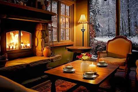Cozy Winter Ambience ASMR - Slow Jazz Music with Snow Falling & Crackling Fireplace for..