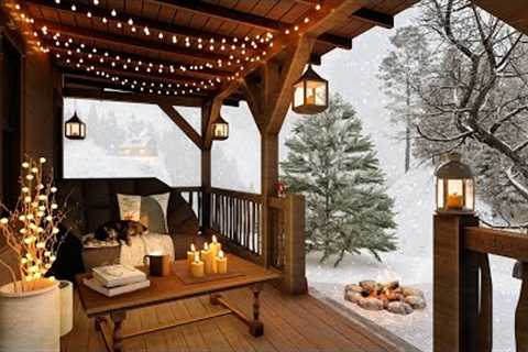 Winter Cozy Porch Ambience with Relaxing Sounds of Campfire and Falling Snow for Relaxation or Sleep