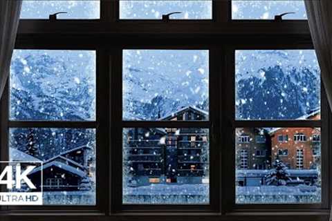 4K Winter town with snow window View - Relaxing, Calming, Ambience